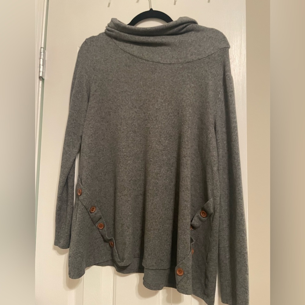 ADORABLE greenish/gray light sweater with brown button detailing!